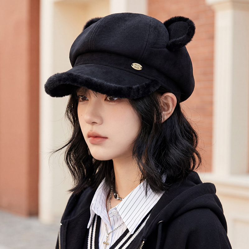 新款秋冬加绒帽子女韩版时尚毛边显脸小贝雷帽百搭防寒保暖遮阳帽