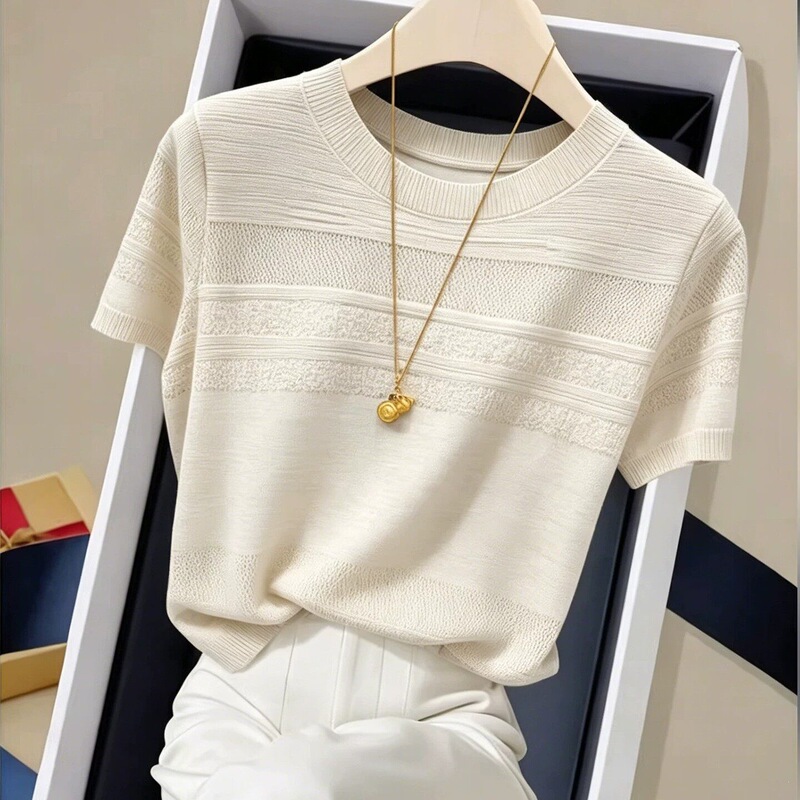 Lyocell Tencel Round Neck Knitted Short-Sleeved T-Shirt for Women 2026 New Summer Ice Silk Cut Out Loose Design Top Lyocell Tencel Round Neck Knitted Short-Sleeved T-Shirt for Women 2026 New Summer Ice Silk Cut Out Loose Design Top