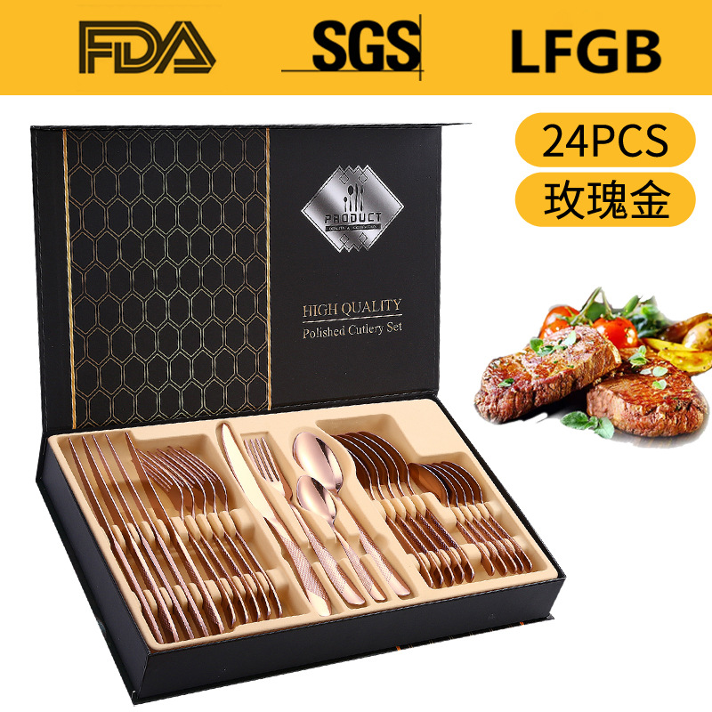 Juego de Cubiertos de Acero Inoxidable de 24 Piezas en Caja de Regalo, Diseño de Estrella y Diamante, Cuatro Piezas Principales, para Hotel, Restaurante, Comida Occidental, Cuchillo, Tenedor, Cuchara