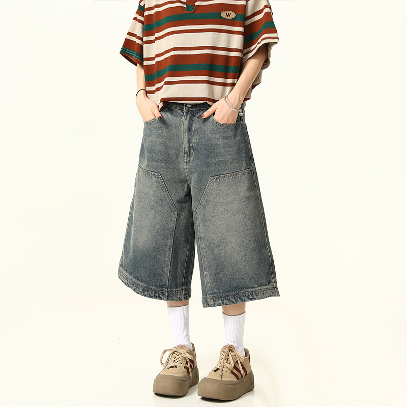 Pantalones cortos de mezclilla lavados en la calle retro americana pantalones de pierna recta para hombres y mujeres pantalones cortos de todo fósforo de la marca de moda de pierna ancha