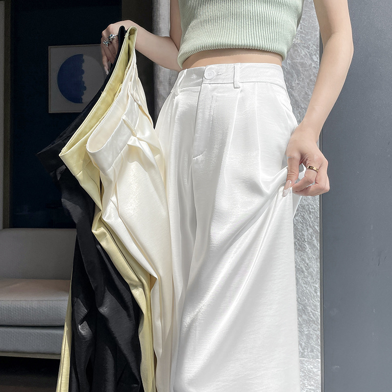 Acetate Satin Casual Versatile White Suit Pants for Women, Summer Thin High-Waisted Slimming Loose Straight-Leg Drapey Wide-Leg Pants