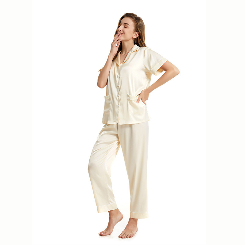 ZF 夏薄い半袖アイスシルクパジャマシルクホーム服セット女性のハイエンド模擬シルクパジャマ卸売|undefined