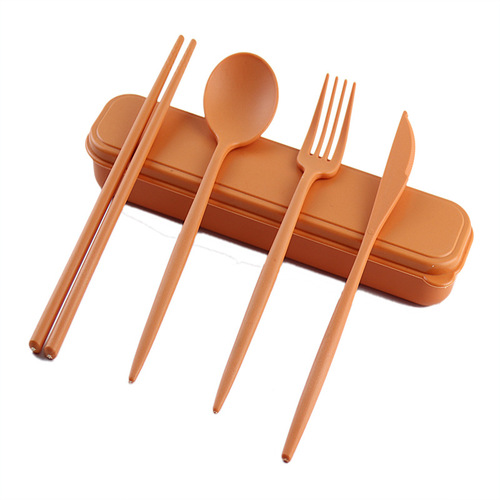 Student Travel Wheat Knife Fork Spoon Chopsticks Set Four-Piece Pure Heart Tableware Outdoor Portable Creative Wheat Straw Tableware