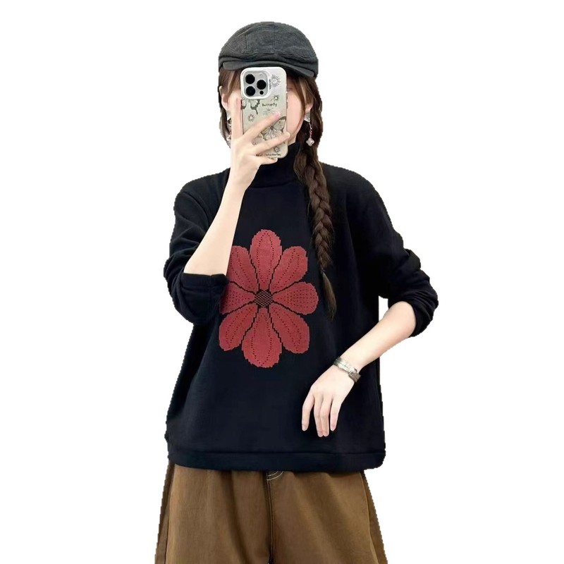 米妮刷毛绒印花打底衫女 2025秋冬新款复古宽松高领套头内搭上衣|undefined