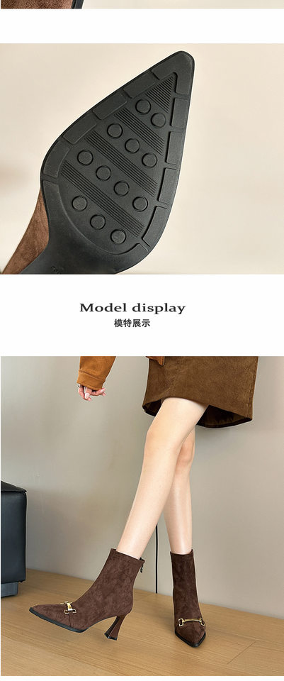Bốt nữ cổ ngắn mũi nhọn chất liệu da lộn, khóa kim loại cổ điển, gót cao 6–8 cm, khóa kéo sau — màu nâu, đen chi tiết 6
