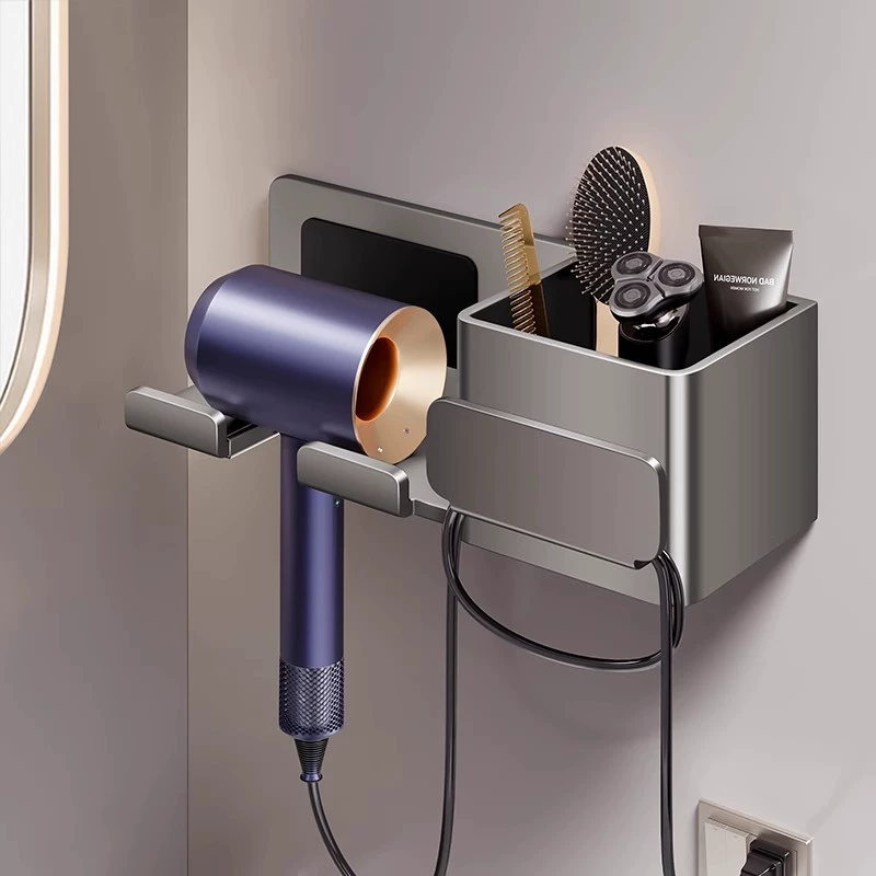 Hair dryer wall mount with no-drill bathroom storage cord management holder for hair dryer bathroom shelf