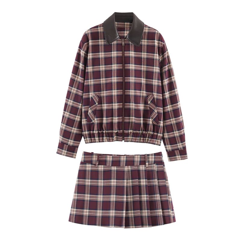 Aliexpress Wholesale Winter New Leather Effect Plaid Bomber Jacket Wide Pleated Skirt Suit Women 9819671