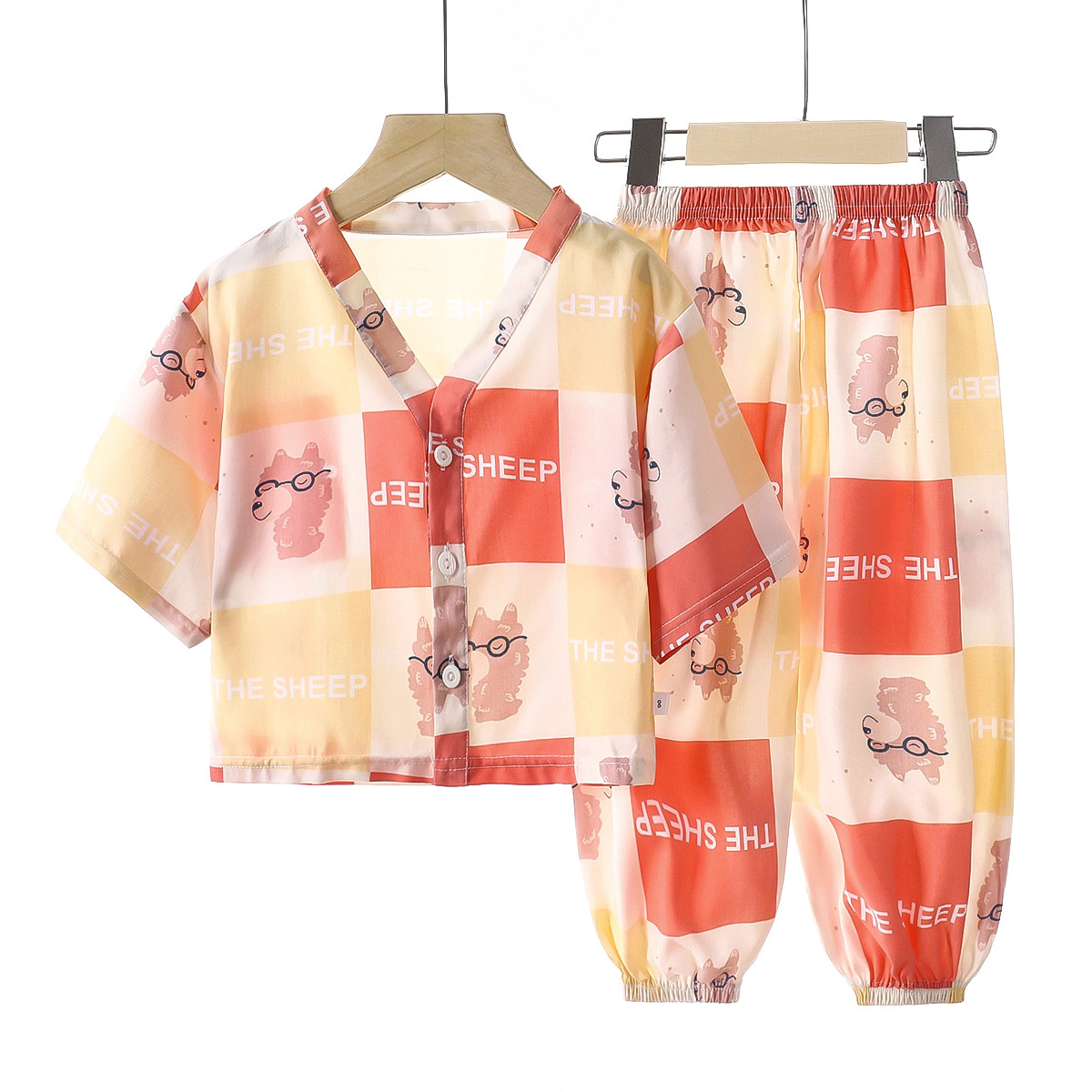 Pajamas de seda de algodón para niños, ropa de aire acondicionado de algodón artificial de verano, ropa para niños y niñas, ropa para el hogar de seda de algodón, dos juegos de ropa infantil