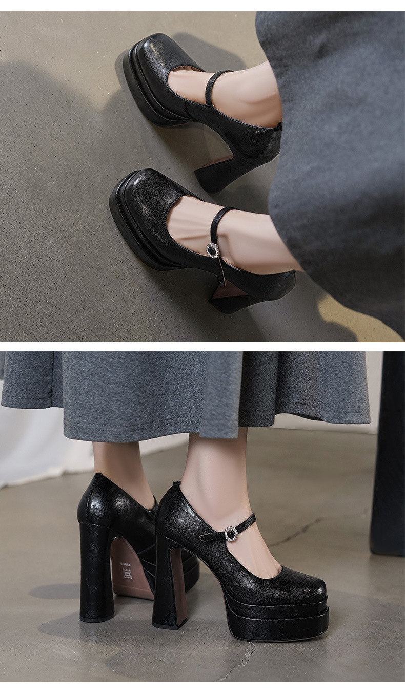 Giày cao gót nữ mũi vuông kiểu Pháp, cổ thấp, đế platform, quai một chữ, gót siêu cao 12 cm, phù hợp dự tiệc cưới — màu đen, màu trắng ngà chi tiết 3