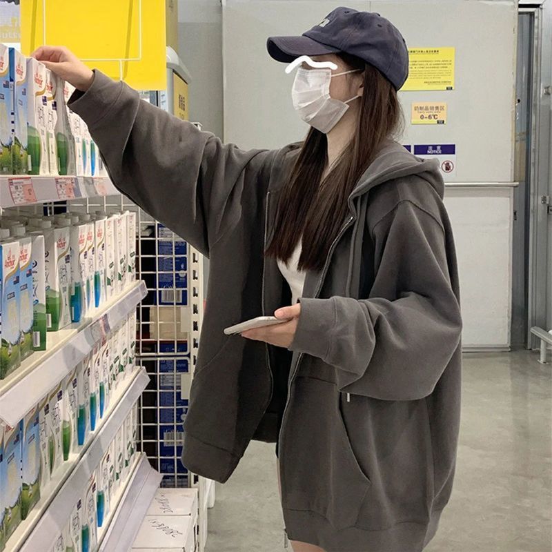 韩版oversize连帽开衫卫衣宽松外套女秋冬季加绒加厚上衣女慵懒风|undefined