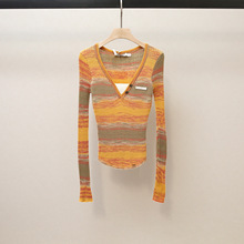 深圳南油高端女装秋冬新款韩系百搭V领撞色修身纹理长袖针织衫女