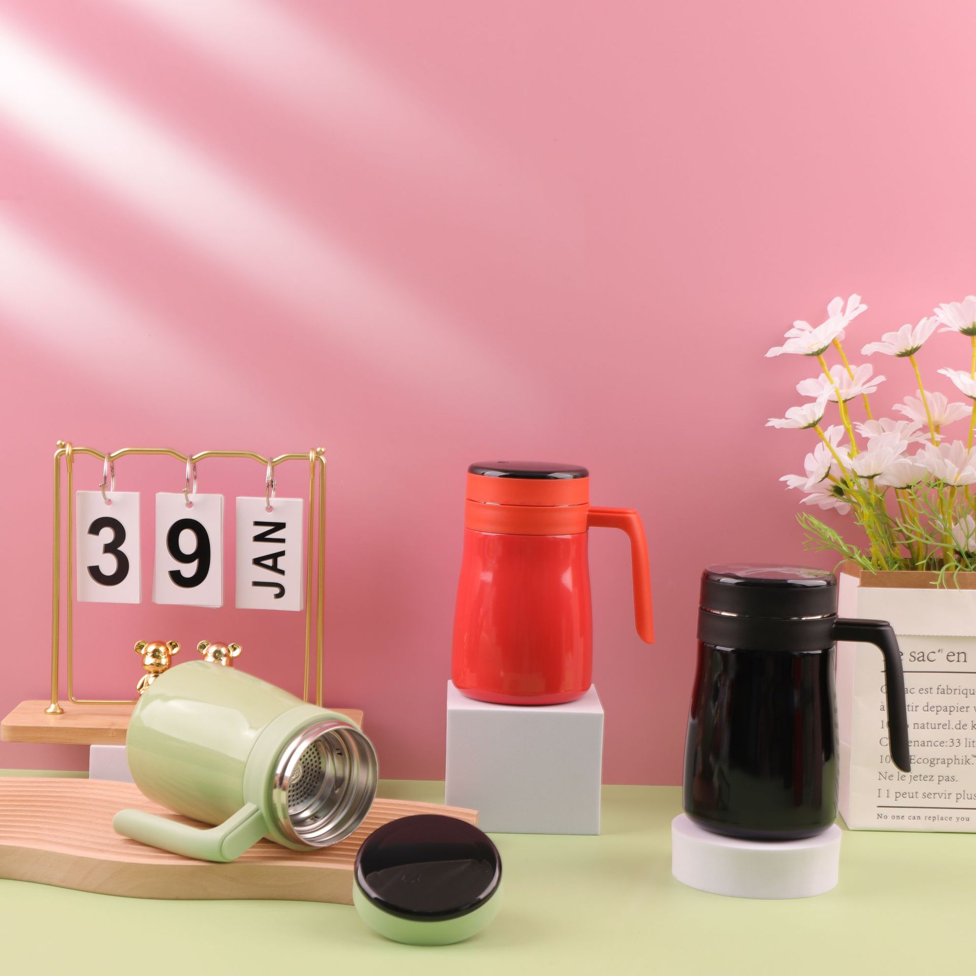 Comercio exterior 304 taza de café de aislamiento de acero inoxidable de temperatura inteligente separación de té de oficina con mango de taza de té