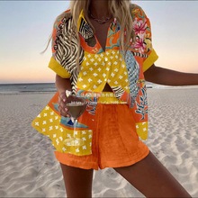 跨境欧美个性艳丽数码印花新款休闲夏季上衣女装套装两件套