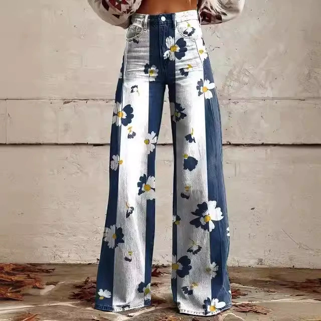 Стильный цветок женские джинсы с высокой талией широкие брюки свободные женские тонкие джинсы с широкими ножками