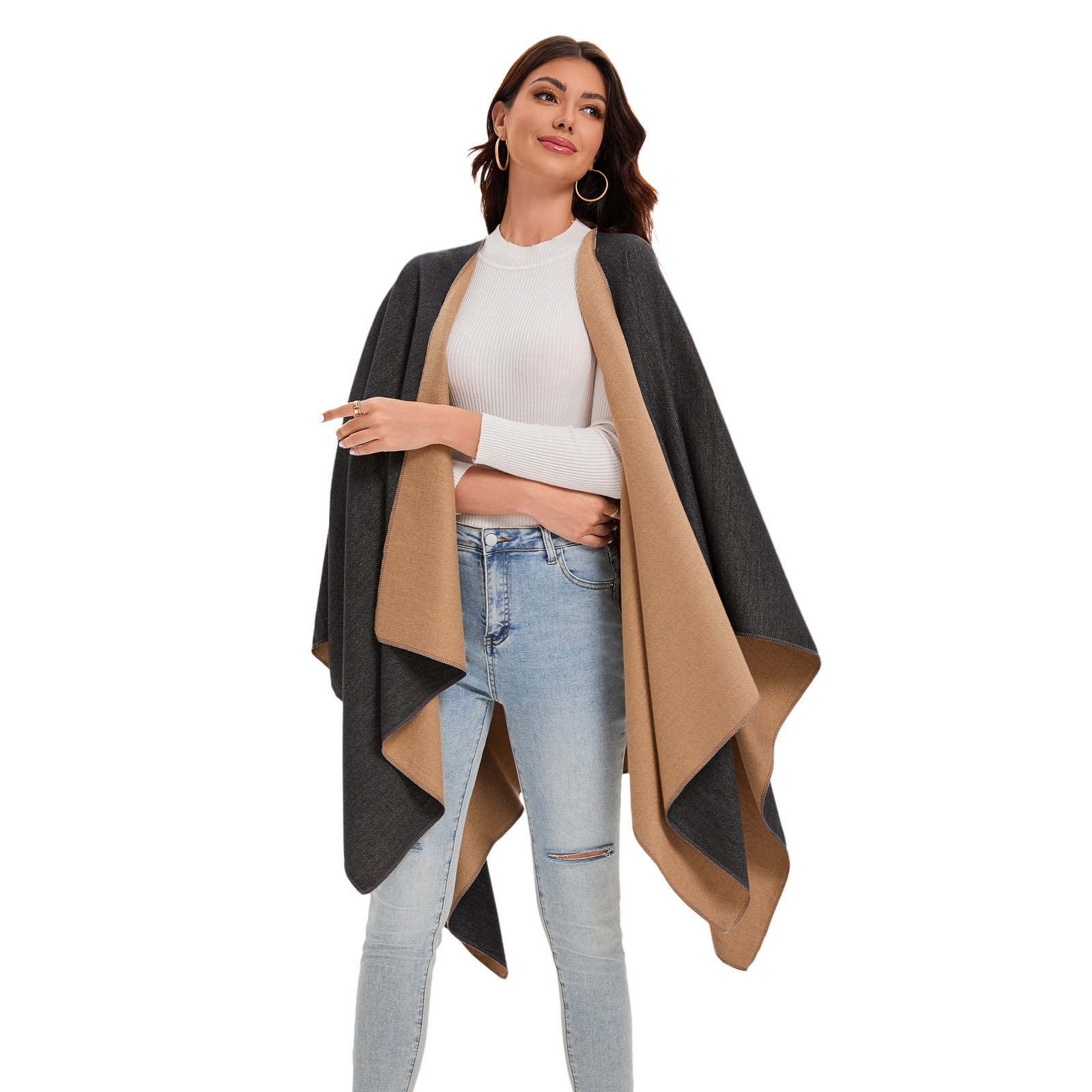 Otoño y invierno damas monocromático imitación de cachemira frente abertura capa capa capa doble cara se puede usar capa cálida Amazon venta caliente