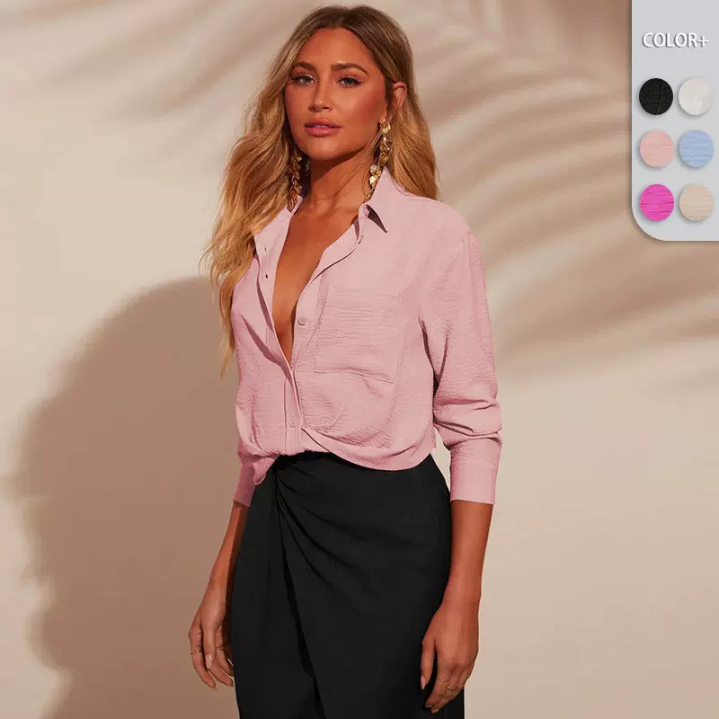 欧美时尚新款女装POLO衫纽扣衬衣纯色休闲装职场通勤气质优雅衬衫