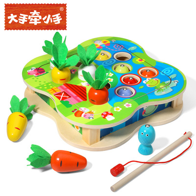 children Puzzle magnetic Go fishing Toys woodiness Two-in-one Happy Farm magnetic Go fishing Pulling radishes Parenting game