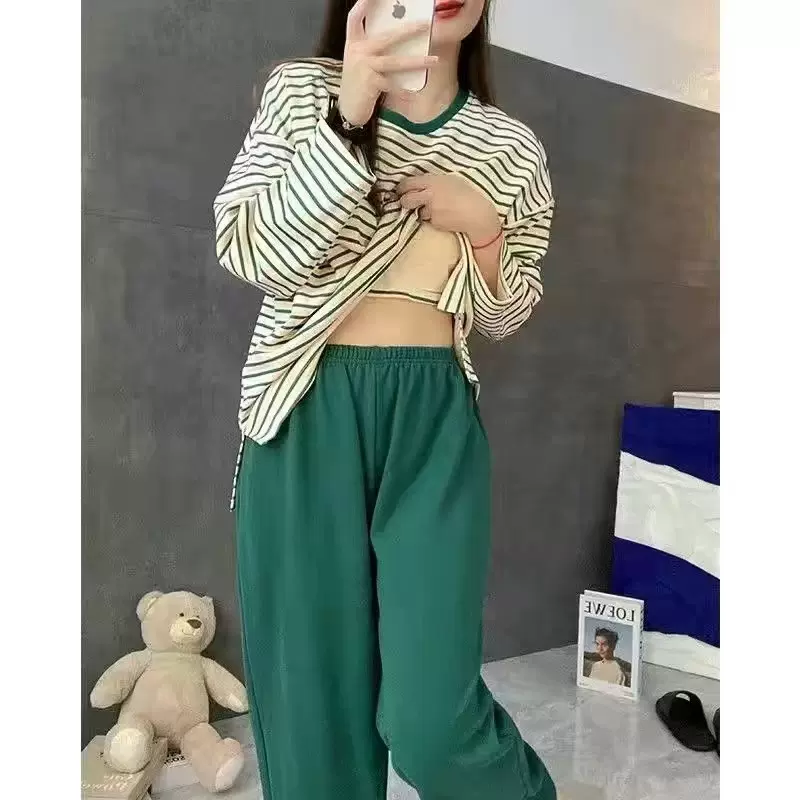 自带胸垫条纹睡衣女春休闲甜美长袖长裤家居服套装，批发