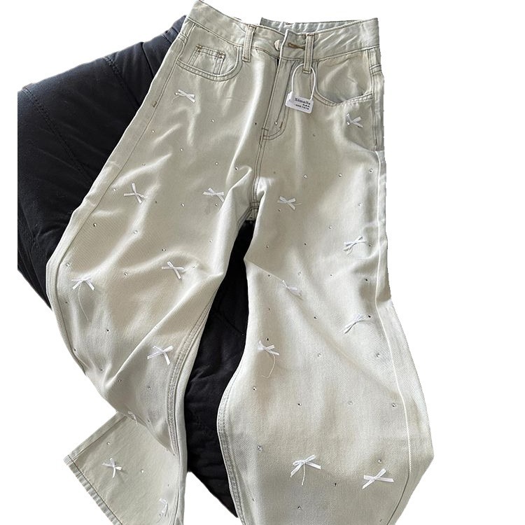 Three Dimensional Bow Design With Hot Diamonds, High Waist And Slim Light Blue Jeans, Washed Straight And Casual Mopping Trousers_ecoleips.com