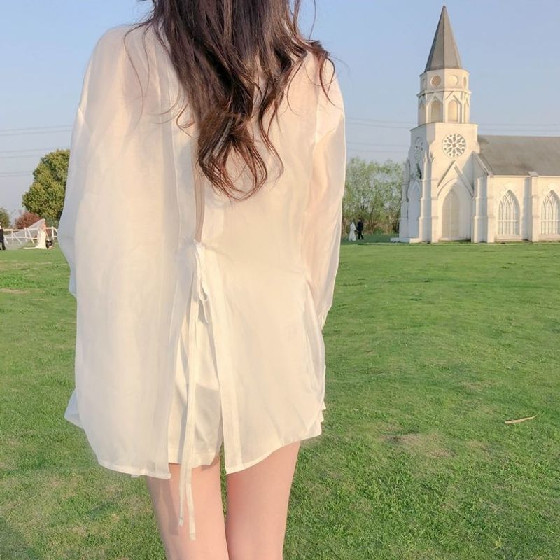 Tencel white shirt, new summer style, with back straps, slit, open back, sun-protective cardigan, women's top jacket
