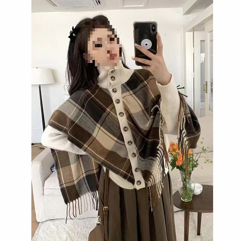 韩国东大门秋季新款时尚高领单排扣针织开衫格子披肩假两件女