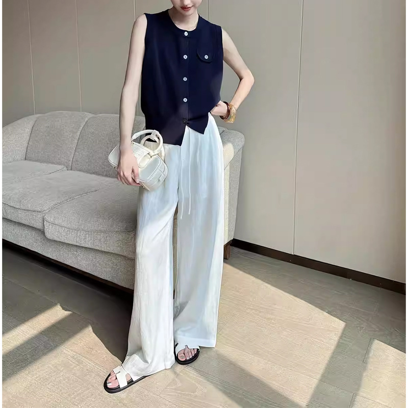 Áo cardigan len dệt kim nữ cổ tròn không tay dáng ôm — màu xanh hải quân chi tiết 3