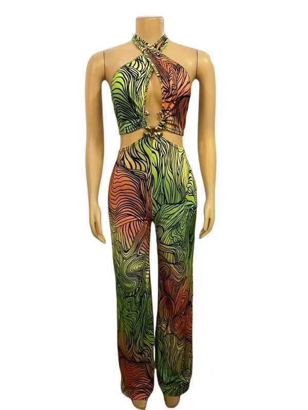 Comercio exterior transfronterizo europeo y americano, nuevo mono de moda para mujer, estampado, con lazo en el cuello, pantalones largos para mujer, éxito de ventas en AliExpress.