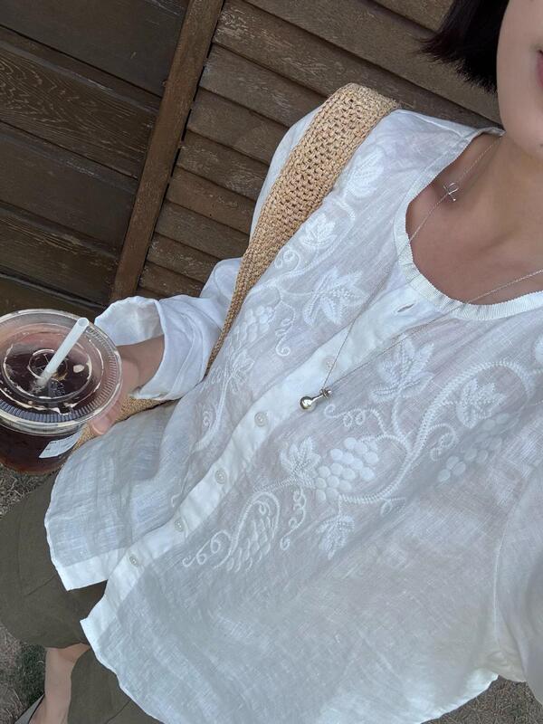 25 夏の新刺繍ラミーシャツ白中空ブドウ中国風の女性のシャツラウンドネックヘビーデューティシングルブレスト|undefined