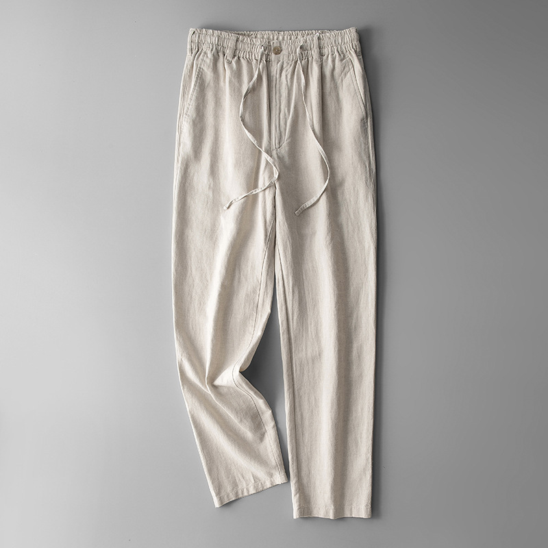 Pantalones de lino de cintura elástica pantalones sueltos de algodón y lino de los hombres pantalones casuales de los hombres de verano de lino recto de los hombres pantalones largos de lino