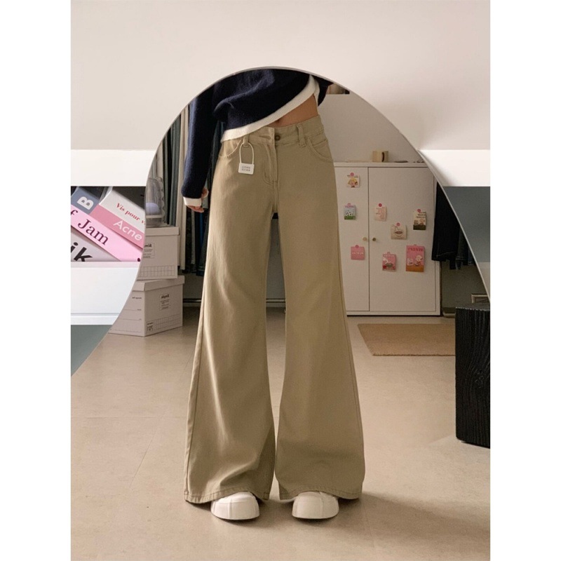 Khaki Non-Stretch Flared Jeans for Women 2025 Autumn Plus Size Loose Slimming Straight Bell-Bottom Pants