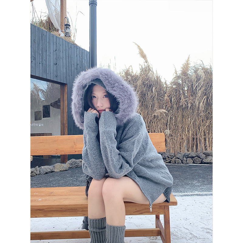 Gentle Style Autumn and Winter New Style Lazy High-End Hooded Sweater Jacket with Fur Collar for Women 2025 Knitted Cardigan Gentle Style Autumn and Winter New Style Lazy High-End Hooded Sweater Jacket with Fur Collar for Women 2025 Knitted Cardigan