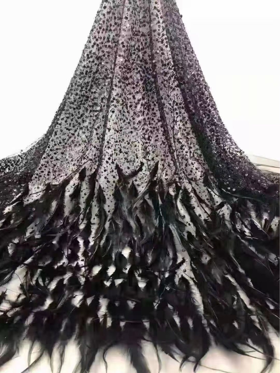 Vestido de lentejuelas con fino estampado floral, estilo europeo y americano, vestido de lentejuelas azules con bordado de plumas, tela con bordado tridimensional.