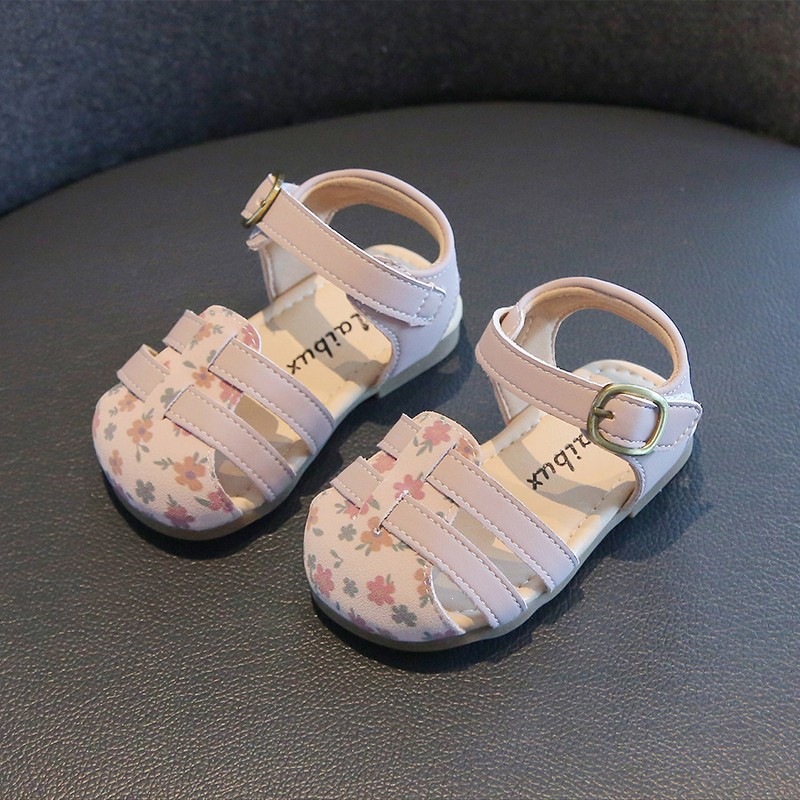 Sandales à bout fermé pour bébés filles, imprimé floral - Chaussures d'été à semelle souple avec embout anti-collision, rose, kaki et marron_voghion.com