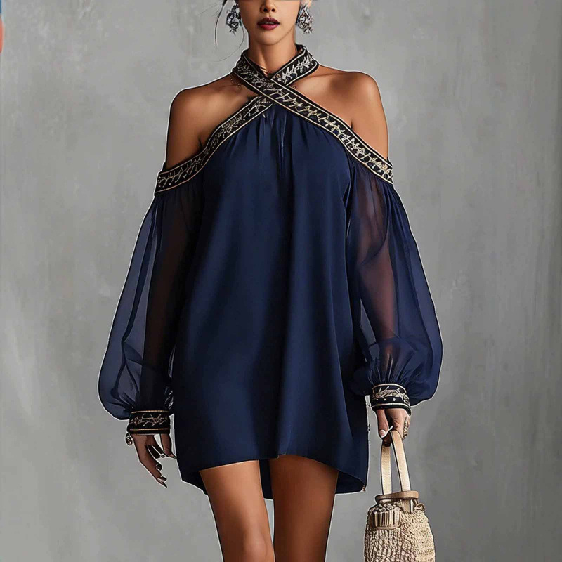 In-Stock European and American Cross-Border Amazon Independent Site Western Bohemian Embroidered Off-Shoulder Halter Chiffon Dress