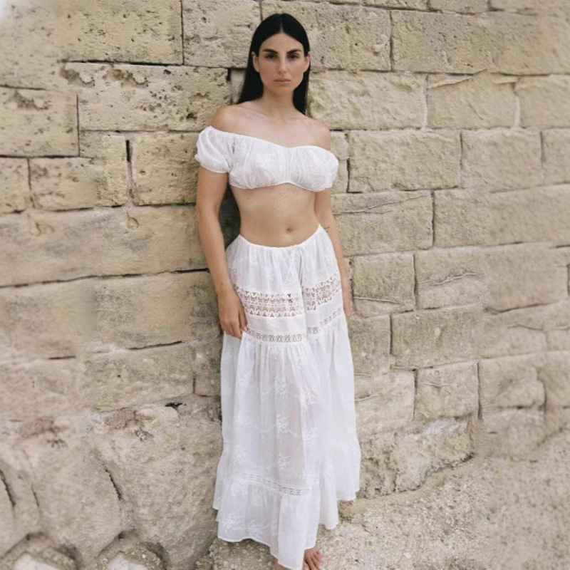 2025 New Bohemian Style Pure Sexy One-character Collar Lace Short Tops Lace-up Long Dress