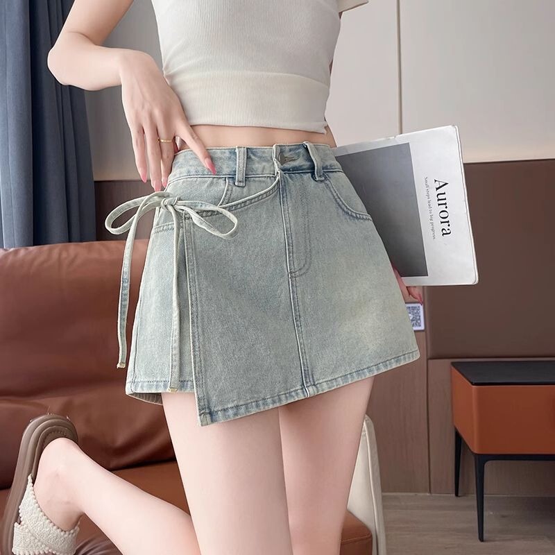 Irregular Lace-Up Retro Denim Skirt for Women, Summer Anti-Exposure High-Waisted Slimming A-Line Short Skirt Pants