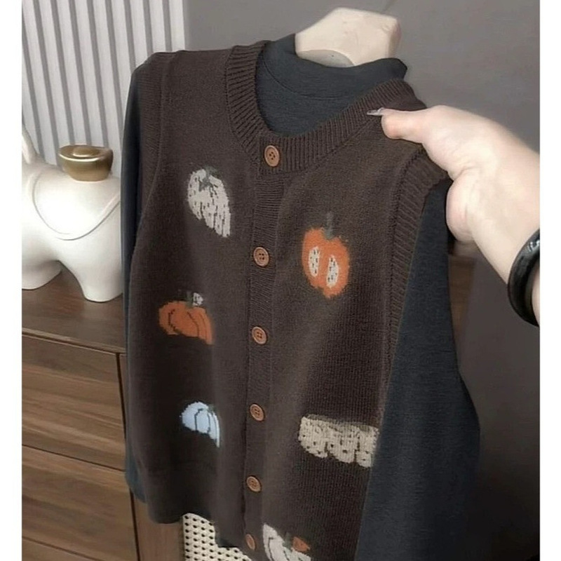 2025 New Vintage Style Super Stylish Brown Pumpkin Knit Vest Sweater for Women, Autumn Outerwear