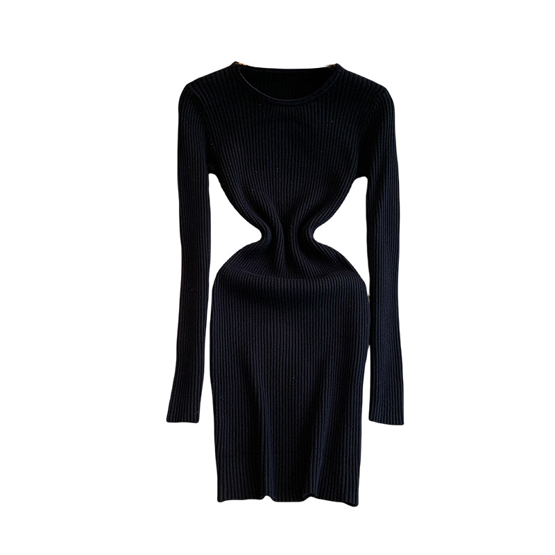 Women's Ribbed Sweater Dress Solid Color Stretch Knit Slimming Midi Simple Style Hip Hugging New Fashion_voghion.com