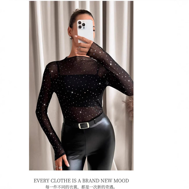 European and American Cross-Border 2025 Autumn New Women's Small Stand-Up Collar Long-Sleeve Mesh Transparent Rhinestone-Decorated T-Shirt Top for Women