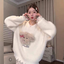 慵懒毛绒小熊仿貂毛圆领套头毛衣女秋冬2024新款软糯宽松针织上衣