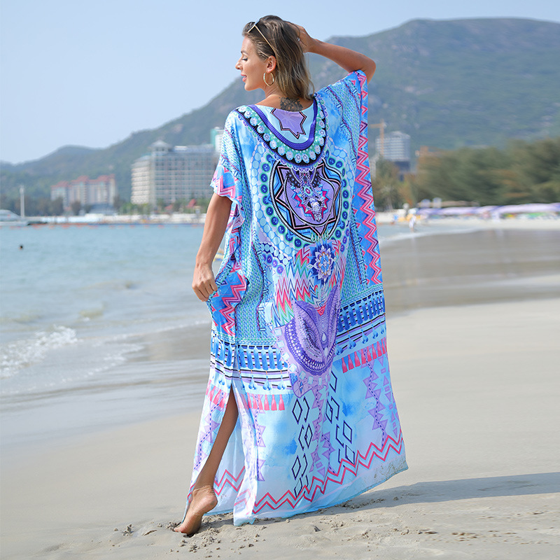 Venta caliente de Europa y América poliéster posicionamiento impresión playa ropa protección solar traje baño blusa fuera vacaciones vestido 1D42