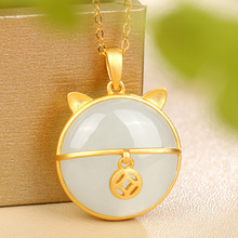 S925银镶天然和田白玉猫吊坠古法银创意项链厂家批发直播礼品