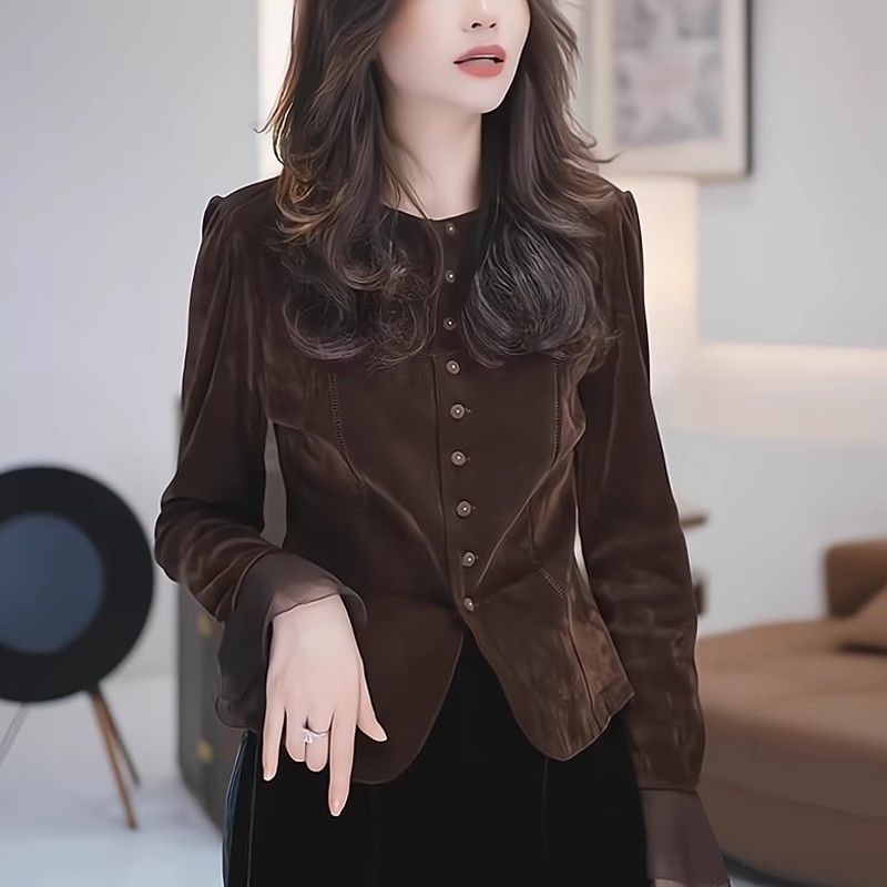 金丝绒新款收腰衬衫女欧美洋气2025妈妈显瘦上衣气质秋冬复古|undefined
