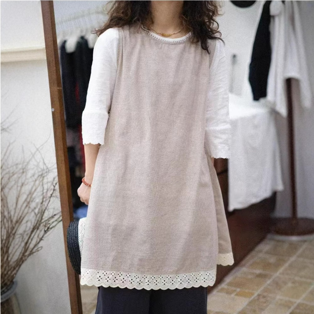 Japanese Style Mori Striped Mid-length Vest Women's Summer New Side Tie-up Hem Lace Overalls with Lace