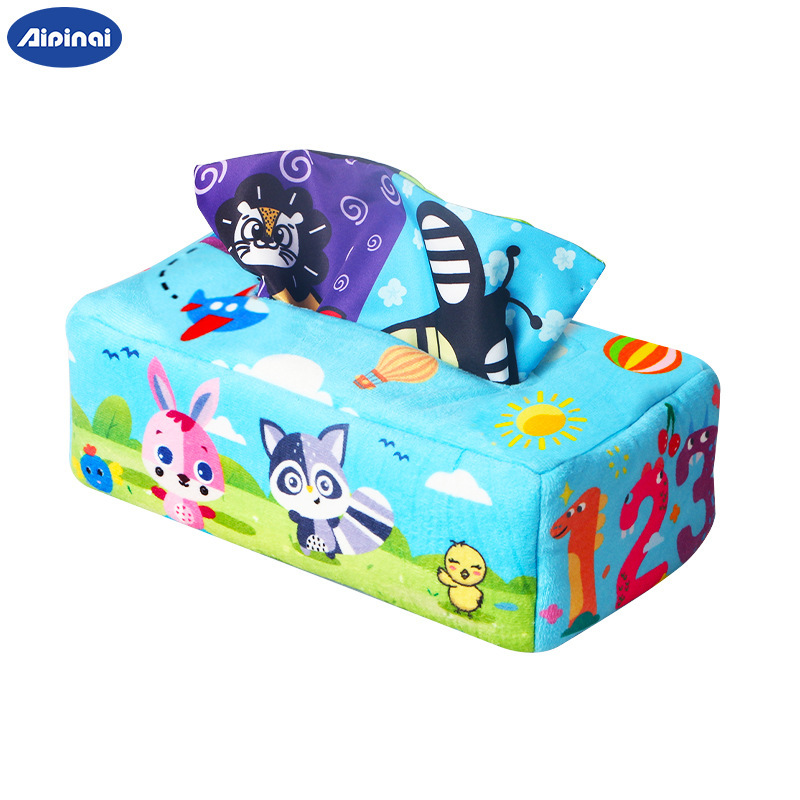 Juguete de peluche simulado de caja de pañuelos para bebés, juguete de ejercicio para los dedos de bebés.