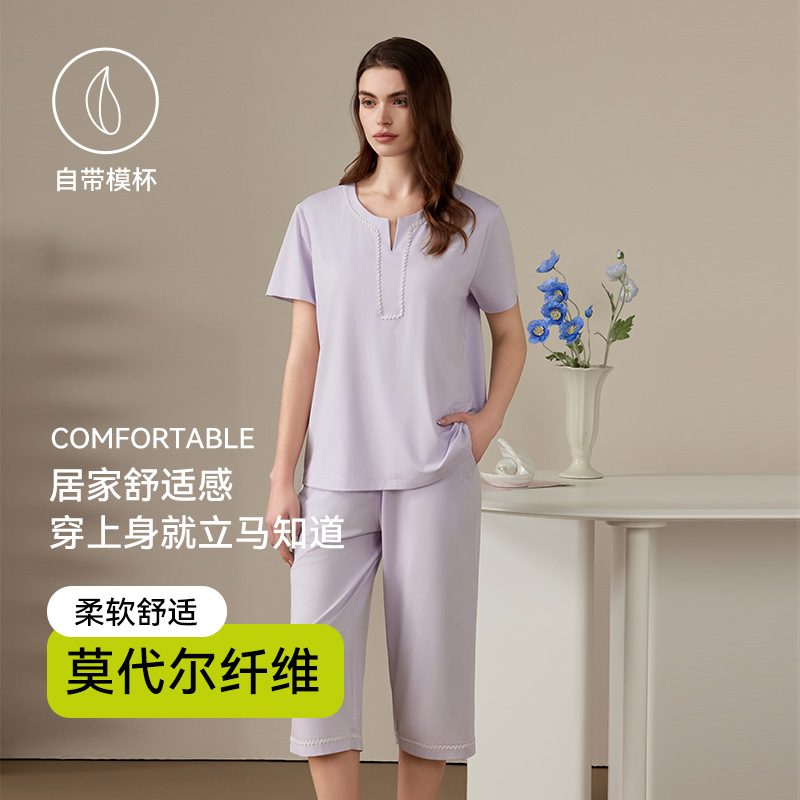 [Qingdao Jishuang Knitting] Summer Women's Short-Sleeved Home Clothes, Padded Bra, Cropped Pants, Modal Cotton Pajamas Set