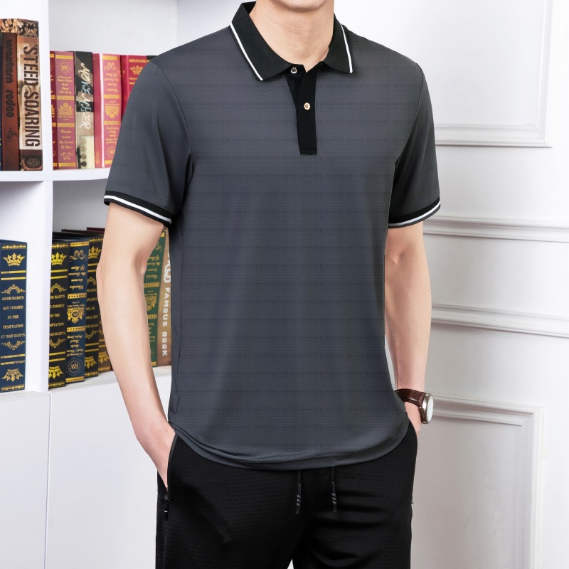 Verano delgado seda de hielo de manga corta polo camiseta hombre de mediana edad camiseta de secado rápido papá moda casual media manga al por mayor