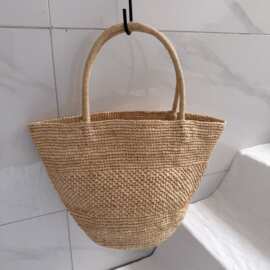 日系拉菲草手钩草编包法式度假风手提编织包女休闲百搭单肩水桶包