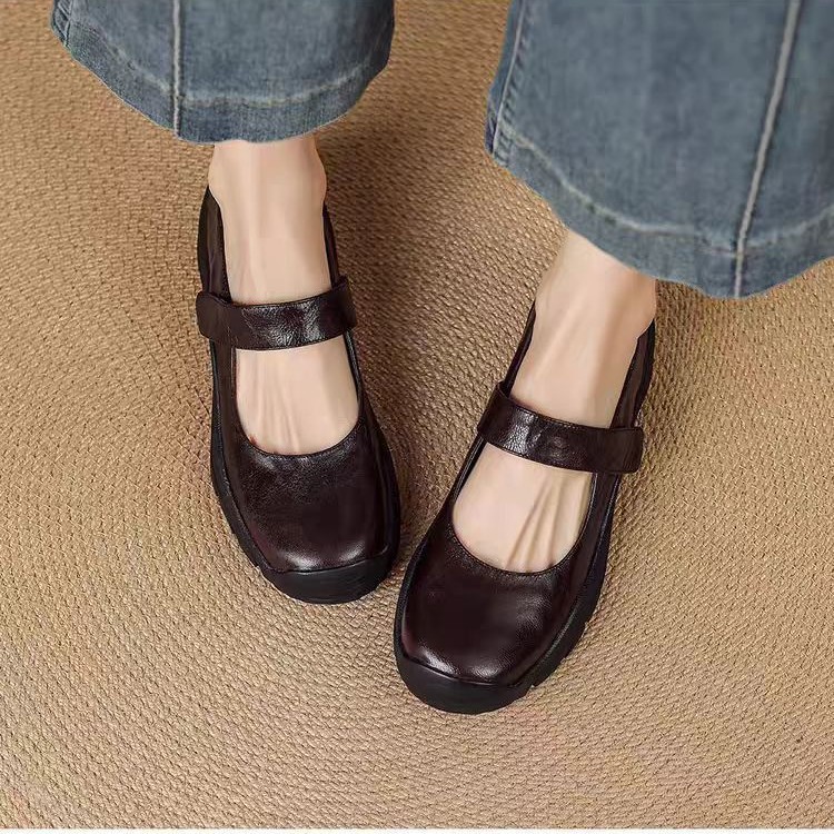 2025新款圆头一字带玛丽珍鞋女小个子厚底增高魔术贴单鞋小皮鞋
