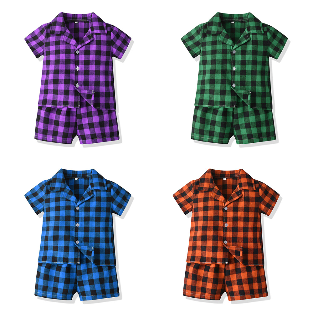 Camiseta de algodón de manga corta con solapa a cuadros para niños y niñas de verano, pijamas, pantalones cortos casuales para niños, ropa para el hogar de todo fósforo para niños